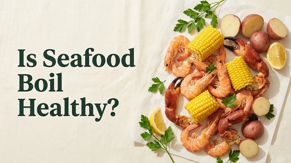 Overhead flat-lay seafood boil with shrimp, crab, corn, and potatoes with text Is Seafood Boil Healthy on cream background.