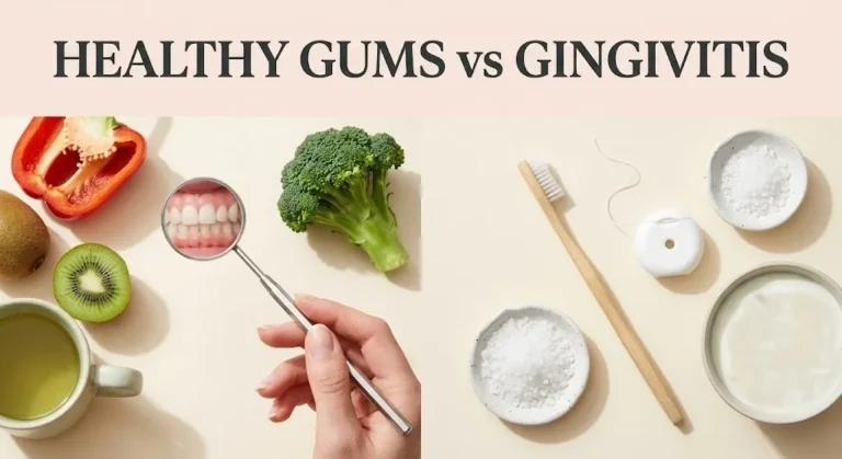 Overhead flat lay showing healthy gums vs gingivitis concept with dental mirror, vitamin C foods and green tea, with article title text.