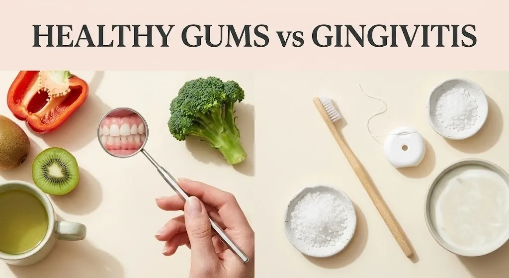 Overhead flat lay showing healthy gums vs gingivitis concept with dental mirror, vitamin C foods and green tea, with article title text.