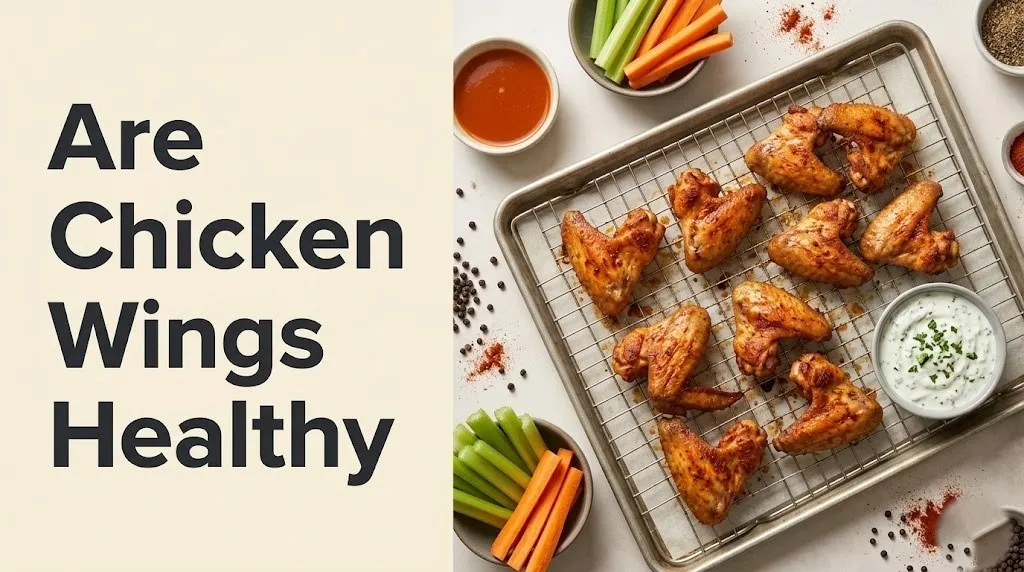 Overhead food flat lay showing baked chicken wings with hot sauce and vegetables, asking are chicken wings healthy.