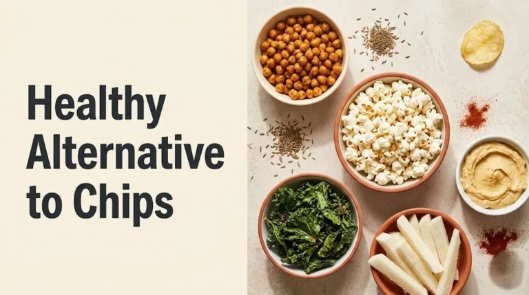 Overhead food flat lay showing roasted chickpeas, popcorn, and kale chips as a healthy alternative to chips for 2026.