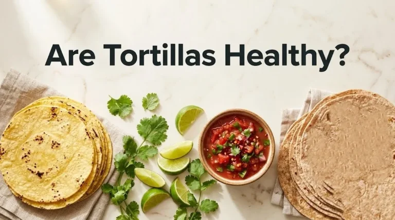 Overhead food photography of stacked corn and flour tortillas with the headline Are Tortillas Healthy appearing as bold text overlay.