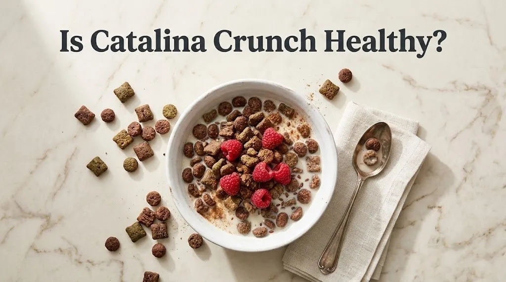 Overhead photo of Catalina Crunch cereal in a bowl with the text Is Catalina Crunch Healthy as a bold headline, used for a nutrition review hero image.
