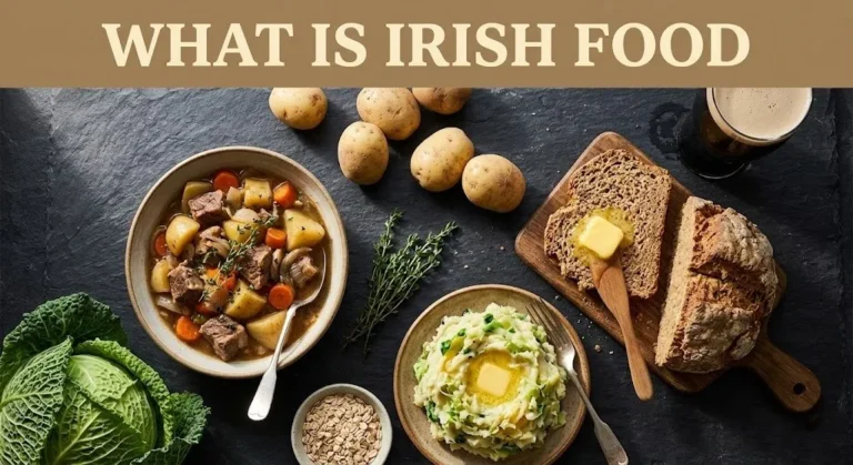 Overhead photo of Irish stew, soda bread with butter, and traditional ingredients with the headline What Is Irish Food as a hero banner for a cuisine guide.
