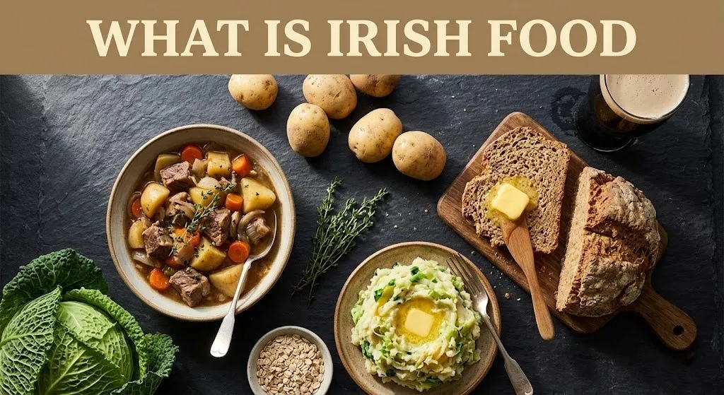 Overhead photo of Irish stew, soda bread with butter, and traditional ingredients with the headline What Is Irish Food as a hero banner for a cuisine guide.