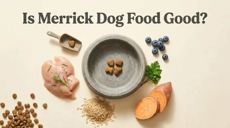 Overhead photo of Merrick dog kibble in a bowl with fresh chicken, rice, and sweet potatoes, with the text Is Merrick Dog Food Good