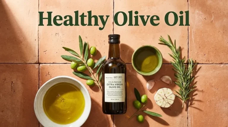 Overhead photo of a dark bottle of fresh olive oil with olives and herbs, with the headline Healthy Olive Oil as a hero banner for a buying guide.