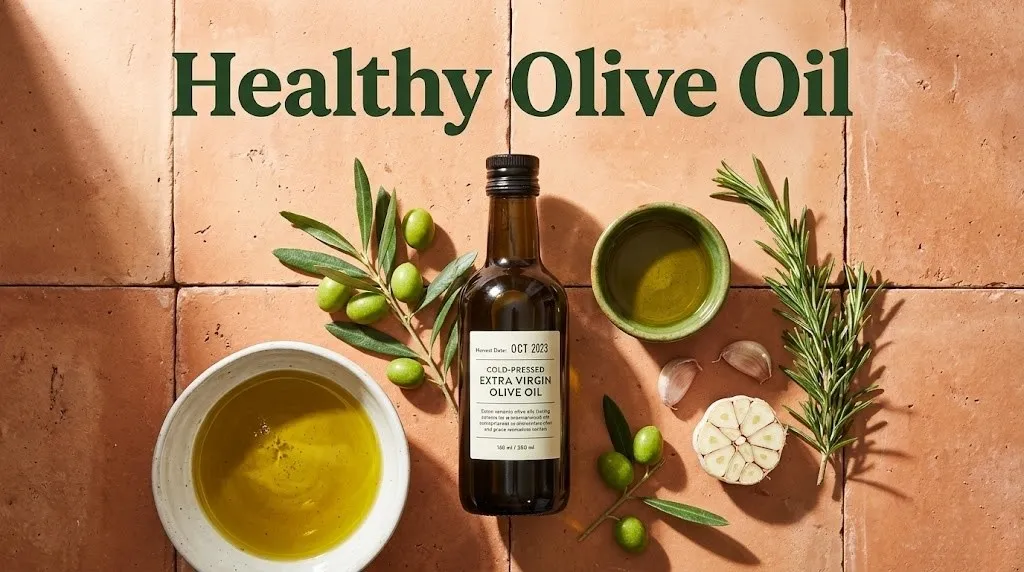 Overhead photo of a dark bottle of fresh olive oil with olives and herbs, with the headline Healthy Olive Oil as a hero banner for a buying guide.