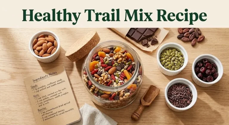 Overhead photo of a glass jar of trail mix with ingredient ramekins and the headline Healthy Trail Mix Recipe as a hero banner for a customizable snack guide.