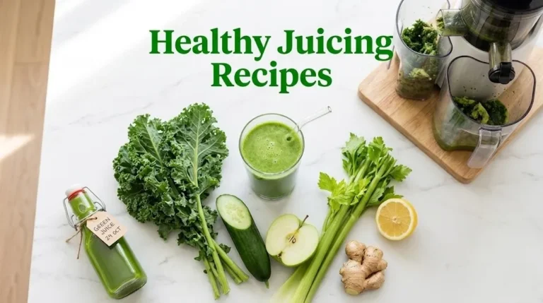 Overhead photo of a green juice with fresh vegetables and a juicer, with the headline Healthy Juicing Recipes as a hero banner for a recipe guide.