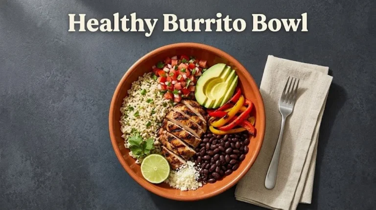 Overhead photo of a healthy burrito bowl with grilled chicken, beans, and avocado with the headline Healthy Burrito Bowl as a hero banner title.