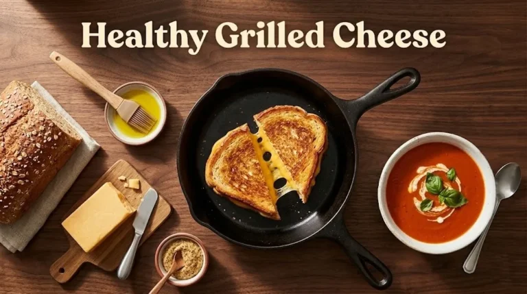 Overhead photo of a healthy grilled cheese sandwich in a skillet with ingredients and tomato soup, with the headline Healthy Grilled Cheese as a hero banner.