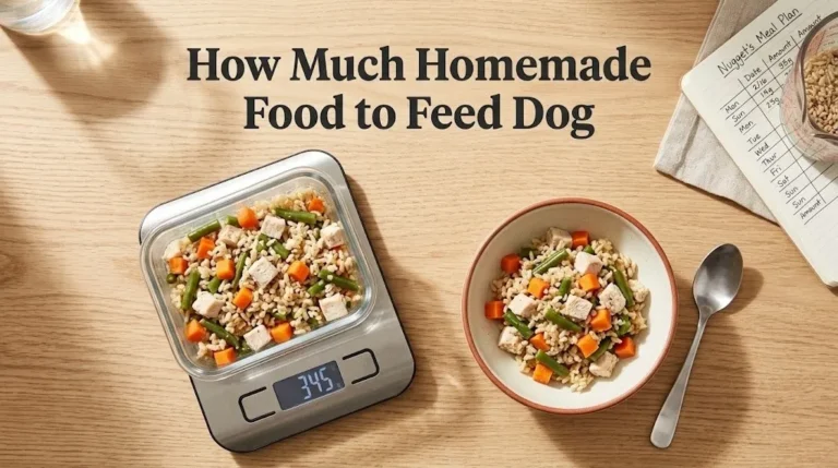 Overhead photo of a kitchen scale with homemade dog food and the headline How Much Homemade Food to Feed Dog as a hero banner title.