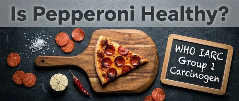 Overhead photo of a pepperoni pizza slice on a peel, surrounded by raw pepperoni and a chalkboard with the health warning, with the title Is Pepperoni Healthy displayed above.