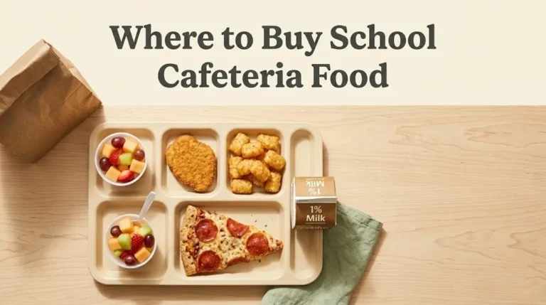 Overhead photo of a school lunch tray with rectangle pizza, chicken patty, and tater tots, with the title Where to Buy School Cafeteria Food displayed above.
