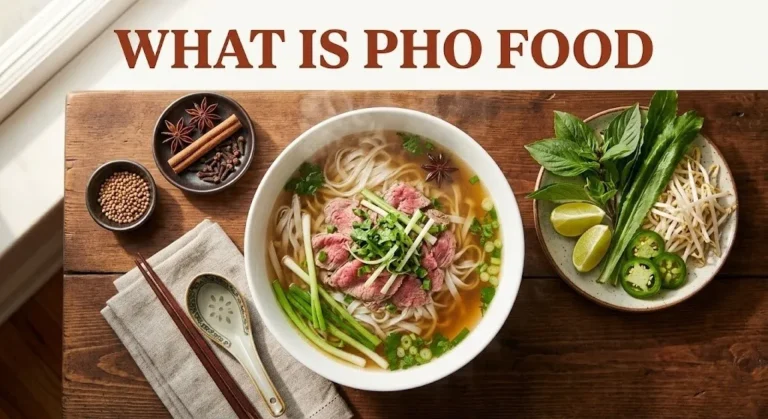 Overhead photo of a steaming bowl of beef pho with garnish plate and spices, with the headline What Is Pho Food as a hero banner for a cuisine guide.