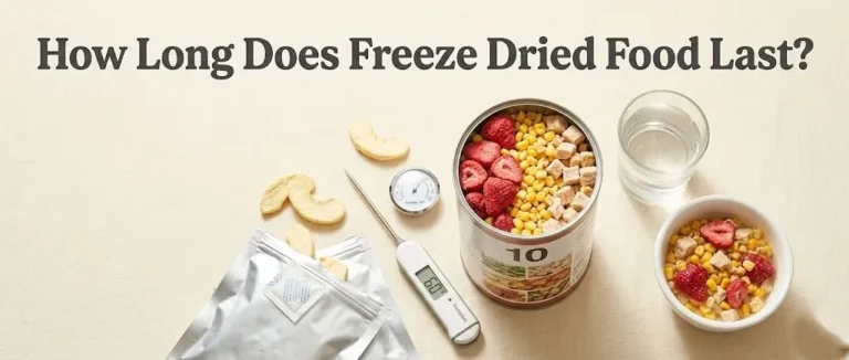 Overhead photo of an open can of freeze-dried food, Mylar bags, and oxygen absorbers, with the title How Long Does Freeze Dried Food Last displayed above.