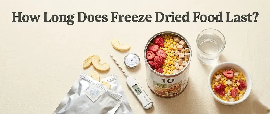 Overhead photo of an open can of freeze-dried food, Mylar bags, and oxygen absorbers, with the title How Long Does Freeze Dried Food Last displayed above.