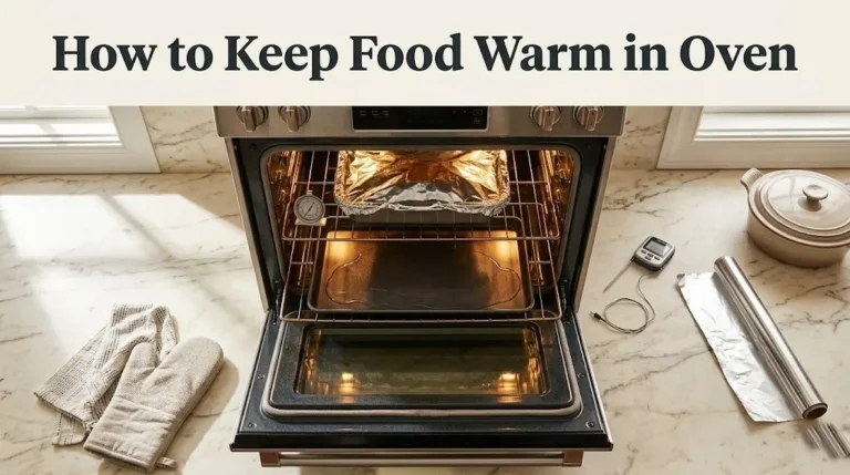 Overhead photo of an oven warming food with foil and a water bath, with the headline How to Keep Food Warm in Oven as a cooking technique hero banner.