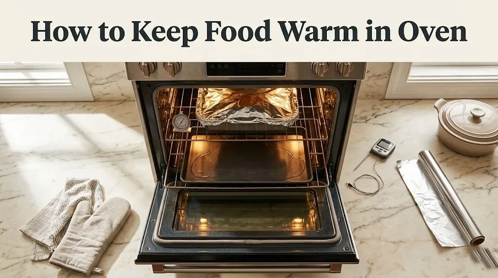 Overhead photo of an oven warming food with foil and a water bath, with the headline How to Keep Food Warm in Oven as a cooking technique hero banner.