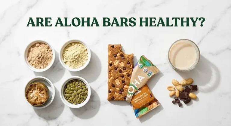 Overhead photo of an unwrapped Aloha protein bar with ingredients and the headline Are Aloha Bars Healthy as a hero banner for a product review.