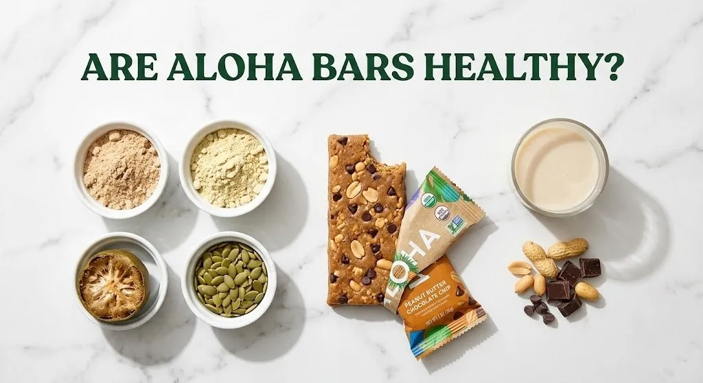 Overhead photo of an unwrapped Aloha protein bar with ingredients and the headline Are Aloha Bars Healthy as a hero banner for a product review.