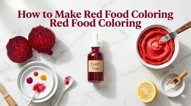 Overhead photo of beet juice dye, gel food coloring, and red frosting with the headline How to Make Red Food Coloring as a hero banner for a DIY baking guide.