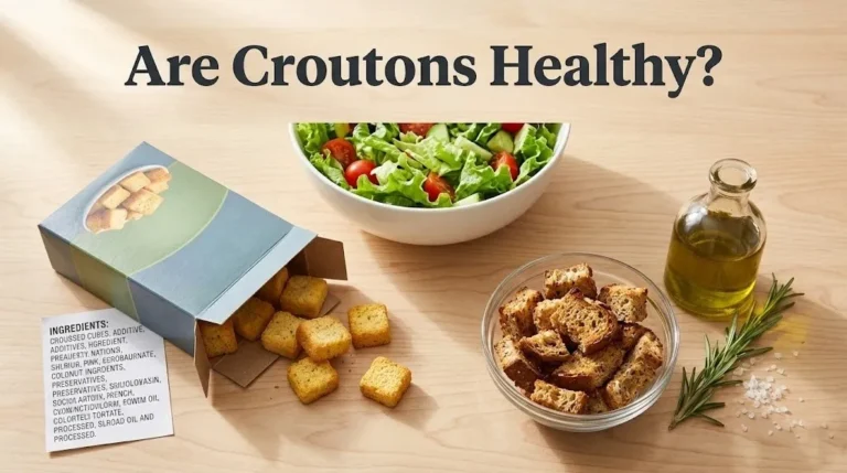 Overhead photo of boxed croutons versus homemade whole-grain croutons with a salad and the headline Are Croutons Healthy