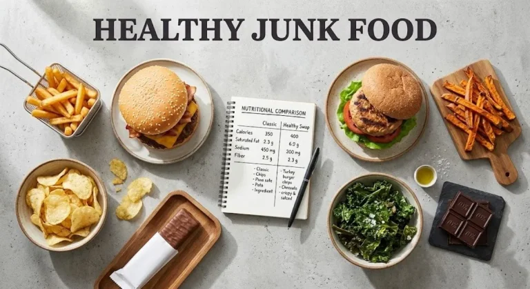 Overhead photo of classic junk food versus healthy swaps with a nutritional chart and the headline Healthy Junk Food as a hero banner for a food swap guide.