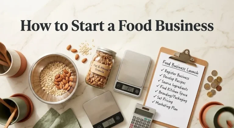 Overhead photo of food business startup tools with the headline How to Start a Food Business as a hero banner title for an entrepreneurial guide.