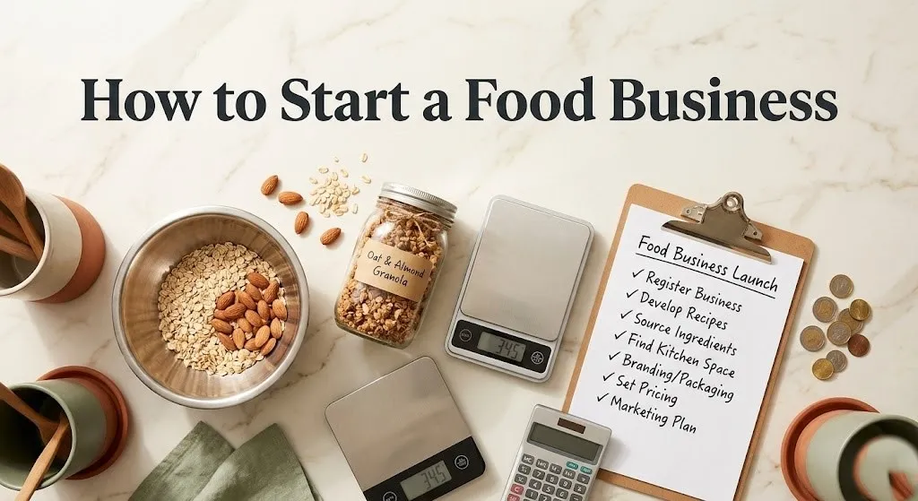 Overhead photo of food business startup tools with the headline How to Start a Food Business as a hero banner title for an entrepreneurial guide.