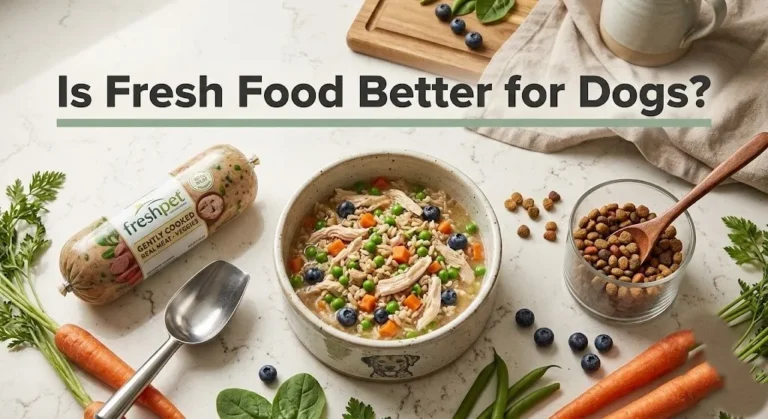 Overhead photo of fresh dog food in a bowl with Freshpet roll and vegetables. Text reads Is Fresh Food Better for Dogs