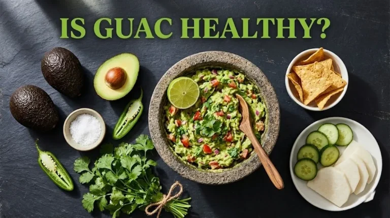 Overhead photo of fresh guacamole in a molcajete with ingredients and vegetable dippers, with the headline Is Guac Healthy as a hero banner for a nutrition guide.