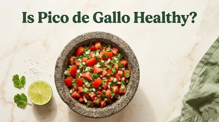 Overhead photo of fresh pico de gallo in a bowl with the text Is Pico de Gallo Healthy displayed above it on a clean marble background.