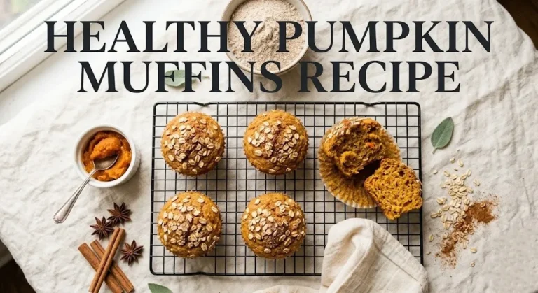 Overhead photo of golden healthy pumpkin muffins recipe muffins on a wire rack with pumpkin purée and whole-wheat flour on a cream linen surface.