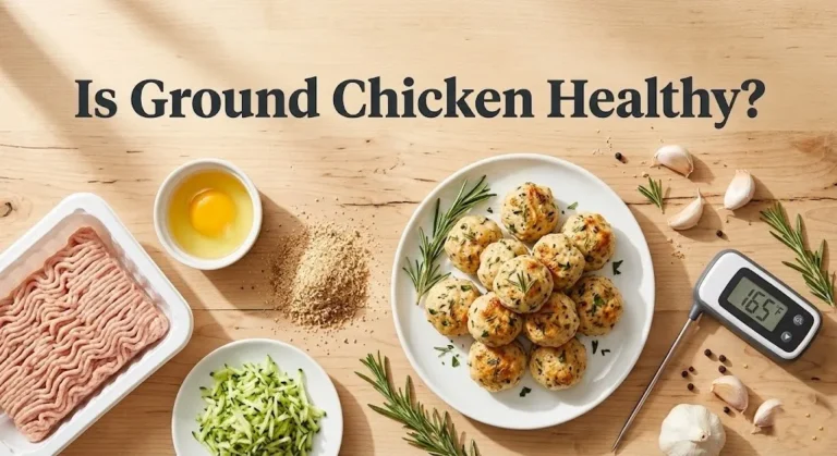 Overhead photo of healthy ground chicken meatballs with raw ingredients and a meat thermometer, with the headline Is Ground Chicken Healthy