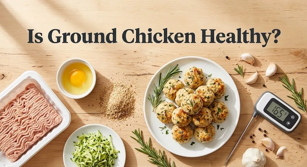 Overhead photo of healthy ground chicken meatballs with raw ingredients and a meat thermometer, with the headline Is Ground Chicken Healthy