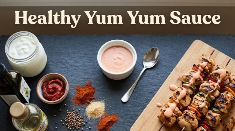 Overhead photo of healthy yum yum sauce in a ramekin with ingredients and grilled chicken, with the headline Healthy Yum Yum Sauce as a hero banner.