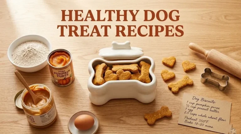 Overhead photo of homemade dog biscuits with ingredients and the headline Healthy Dog Treat Recipes as a hero banner for a pet food guide.