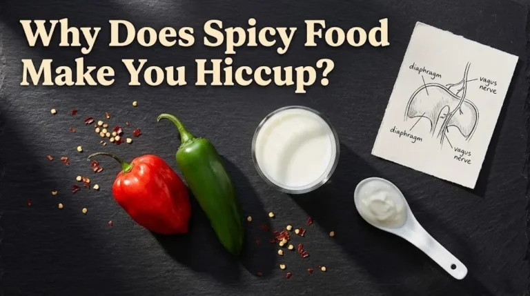 Overhead photo of hot peppers with a glass of milk and yogurt, with the headline Why Does Spicy Food Make You Hiccup as a hero banner for a food science explainer.