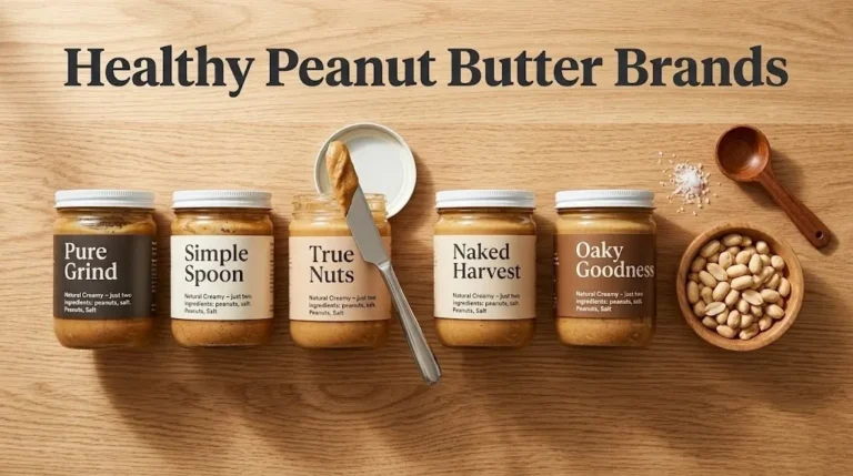 Overhead photo of natural peanut butter jars with the headline Healthy Peanut Butter Brands as a hero banner for a brand comparison guide.