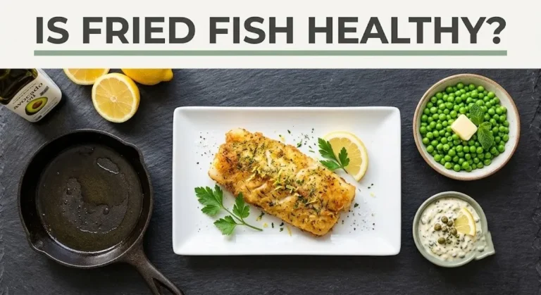 Overhead photo of pan-fried fish fillet on a plate with lemon, peas, and avocado oil. Text reads Is Fried Fish Healthy.