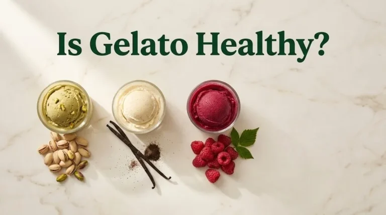 Overhead photo of pistachio, vanilla, and raspberry gelato with whole ingredients, titled Is Gelato Healthy