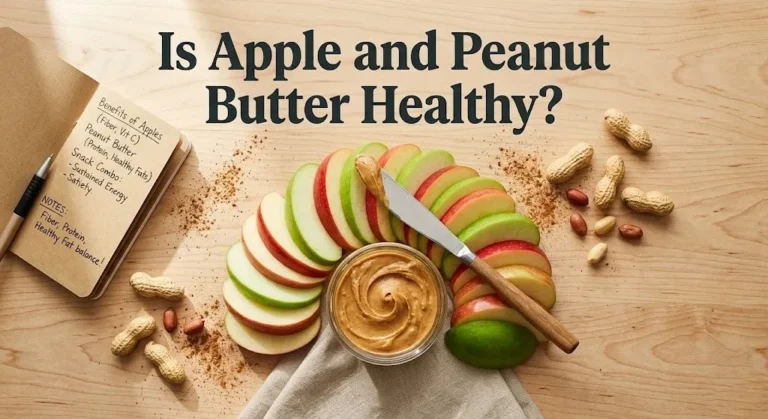 Overhead photo of sliced apples with a ramekin of peanut butter and the headline Is Apple and Peanut Butter Healthy as a hero banner for a nutrition guide.