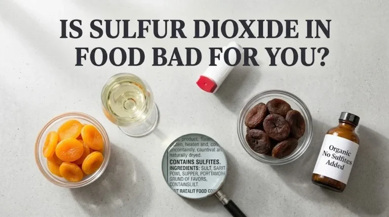Overhead photo of sulfured and unsulfured dried apricots with a food label and the headline Is Sulfur Dioxide in Food Bad for You as a safety guide hero banner.