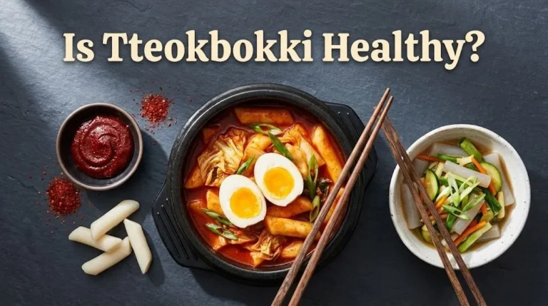 Overhead photo of traditional and healthy tteokbokki with ingredients, with the headline Is Tteokbokki Healthy as a hero banner for a nutrition guide.