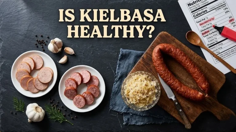 Overhead photo of traditional kielbasa, turkey kielbasa, and sauerkraut with a nutrition label and the headline Is Kielbasa Healthy