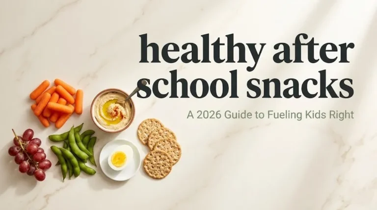 Overhead shot of healthy after school snack ingredients including carrots, edamame, hummus, egg, and grapes with the headline text overlay.