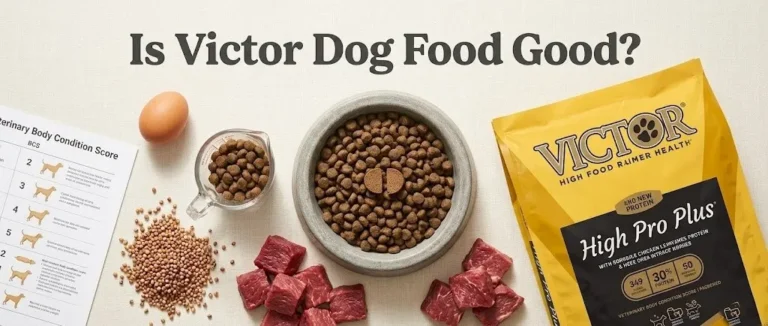 Overhead view of Victor High Pro Plus dog food in a bowl with raw ingredients and a measuring cup, with the title Is Victor Dog Food Good displayed above.