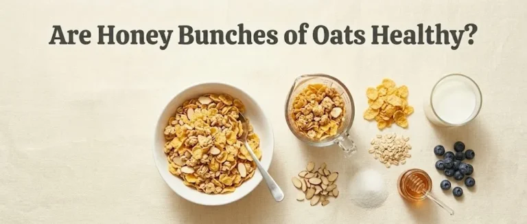 Overhead view of a bowl of Honey Bunches of Oats with separated ingredients like sugar and oats, with the title Are Honey Bunches of Oats Healthy displayed above.